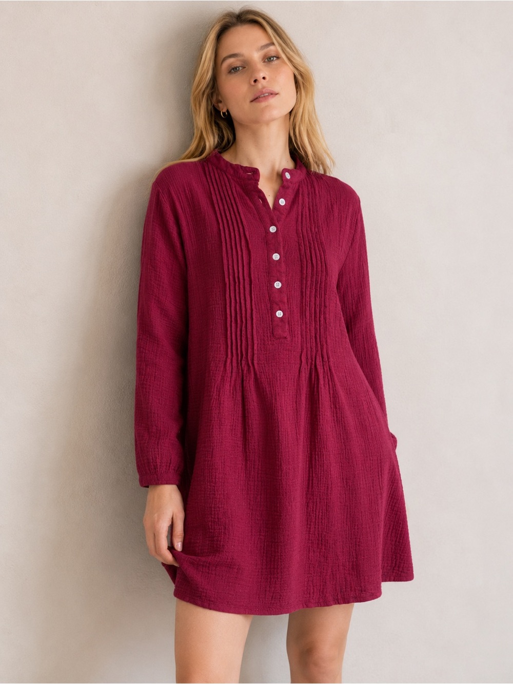 R. Vivimos Burgundy Crinkle Gauze Tunic Blouse Top Mini Dress